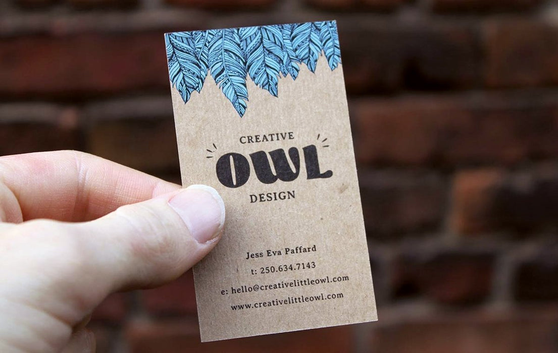 Business cards for creative owl designs | full colour printing on 24pt kraft chipboard | Clubcard Printing Vancouver