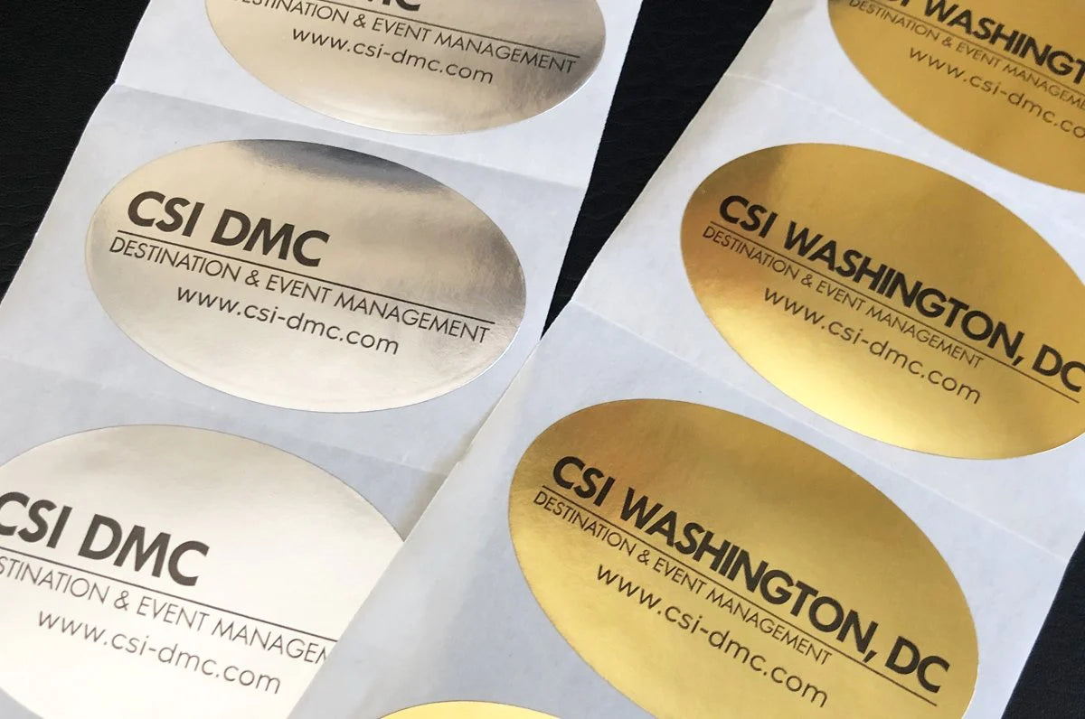 Non-Weatherproof Flexo Stickers printed on silver and gold stock | Clubcard Printing Vancouver