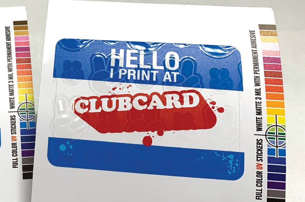 image of sticker with UV spot gloss | hello My name is style stickers | Clubcard Printing