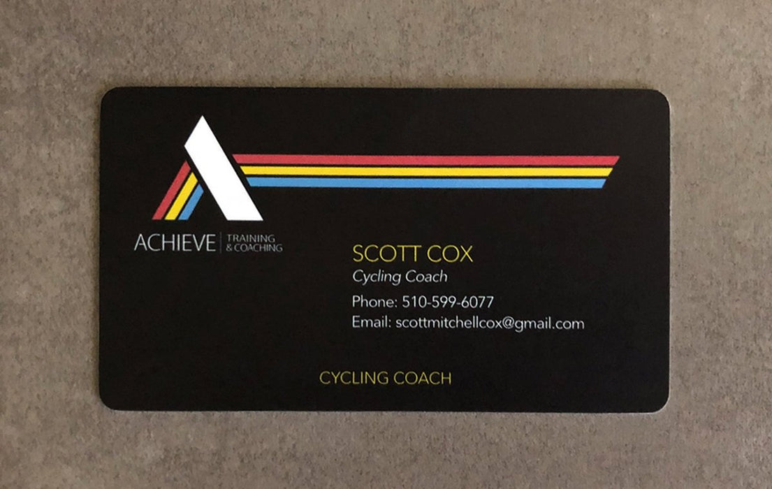 Custom full color business cards printed on 20pt white plastic. Business card example by Achieve